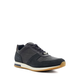 Navy lace-up trainer with mixed texture panels, white midsole, and tan gum rubber outsole