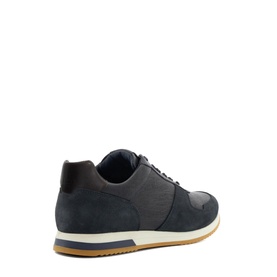 Navy blue suede and textile lace-up trainer, dark heel counter, white midsole with gum rubber outsole, rear three-quarter view