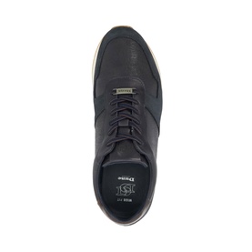 BOSS Parkour Runner trainers in dark navy leather with lace-up front, logo tongue tab, and off-white sole, overhead view
