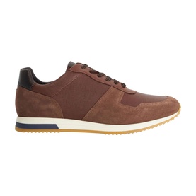 Dune brown men's lace-up trainer in leather and suede with navy collar detail and white gum sole