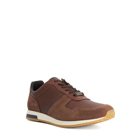 Dune brown men's lace-up trainer with suede panels, white midsole, and gum rubber outsole with navy accent.