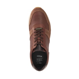 Dune brown leather lace-up trainer, overhead view showing textured upper, tan midsole and branded insole.