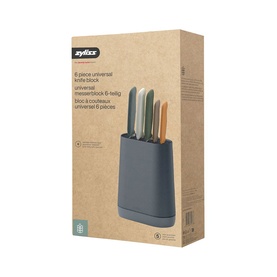 Zyliss 6-piece Universal Knife Block in grey with multicoloured knife handles, shown in product packaging box.
