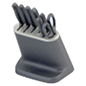 Zyliss grey knife block set with matching grey-handled kitchen knives and scissors, compact angled storage block
