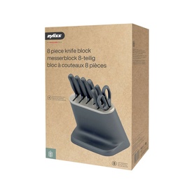Zyliss grey 8-piece knife block set in packaging, showing knives and scissors stored in a grey block holder