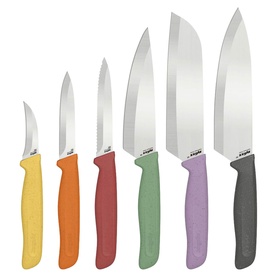 Zyliss Kitchen Knife Set in multi-coloured handles, seven stainless steel blades ranging from small paring to large chef's knife.
