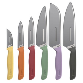 Zyliss Kitchen Knife Set in multi-coloured handles, six stainless steel blades ranging from paring to chef's knife size