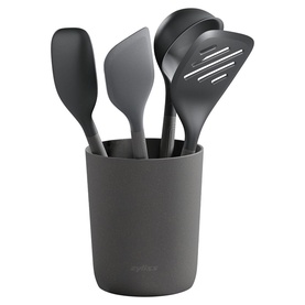 Zyliss grey utensil set including spoon, spatulas and slotted turner in a matching grey cylindrical holder