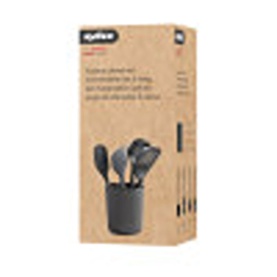 Zyliss grey kitchen utensils set in packaging, including spatula, spoon, and ladle in cylindrical holder