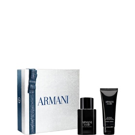 Giorgio Armani Code Eau de Toilette gift set with dark glass bottle and travel-size body wash in silver gift box