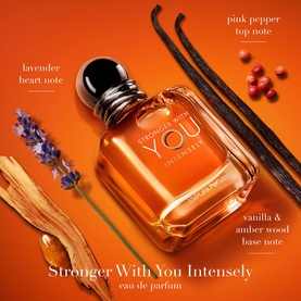 Armani Beauty Stronger With You Intensely Eau de Parfum, amber glass bottle on orange background with vanilla, lavender, and pink pepper notes