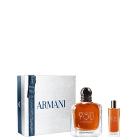 Armani Beauty Stronger With You Intensely Gift Set 100ml, two-piece fragrance set in silver gift box with amber-toned bottles