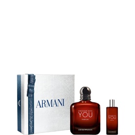 Giorgio Armani Stronger With You Parfum gift set, two bottles in branded white and blue box, large and travel-size formats
