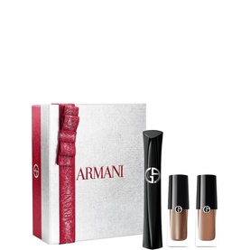 Armani Beauty Vertigo Mascara & Eye Tint Gift Set in white gift box with red bow, featuring mascara and two eye tint shades