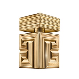 Balmain Parfum in gold sculptural bottle with embossed geometric logo detailing and tiered rectangular cap