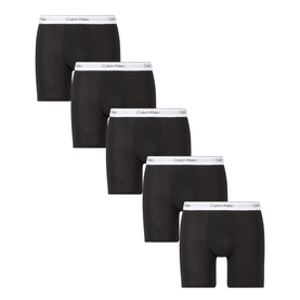Calvin Klein Five-Pack Icon Stretch Boxer Briefs in black with white logo waistband, mid-rise boxer brief style, set of five