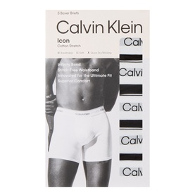 Calvin Klein Five-Pack Icon Stretch Boxer Briefs in black and white, showing five pairs in packaging with logo waistband detail