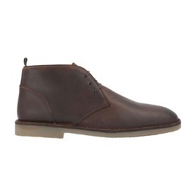 Dark brown leather lace-up chukka boot with cream crepe-style sole, three eyelets, and ankle-height cut