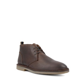 Dark brown leather lace-up chukka boot with two eyelet rows and a light beige crepe-style sole