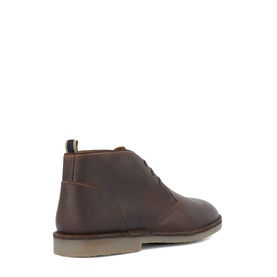 Dark brown leather lace-up chukka boot with crepe-style rubber sole, heel tab detail, shot from rear three-quarter angle