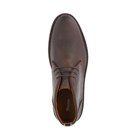 Dark brown leather chukka boot shown from above, lace-up fastening, tan leather insole with brand logo visible