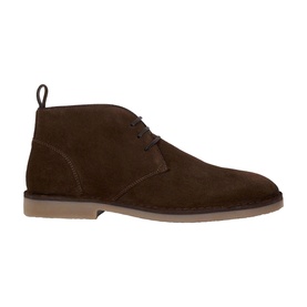 Dark brown suede chukka boot with lace-up front, three eyelets, and natural tan rubber sole