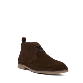 Dark brown suede lace-up chukka boot with two eyelets and a crepe-effect rubber sole