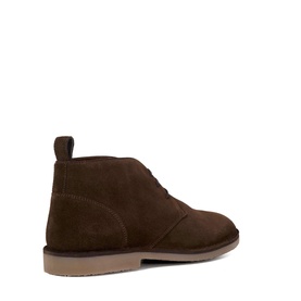 Dark brown suede chukka boot with lace-up front, stitched toe cap, and natural crepe sole, rear three-quarter view