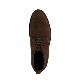 Dark brown suede chukka boot with lace-up fastening, viewed from above, showing rounded toe and black leather insole