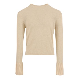 Jigsaw cream fine knit jumper with mock neck, long sleeves, and ribbed cuffs, cropped length