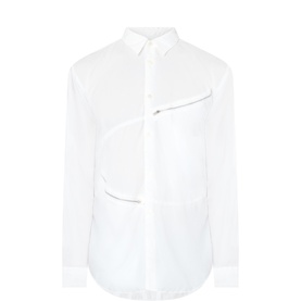 Comme Des Garcons Shirt white cotton casual shirt with diagonal zip chest pocket detail and curved hem, long sleeves