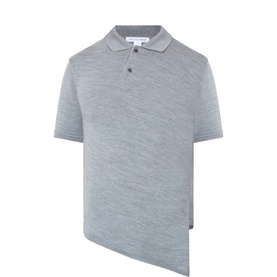 Comme Des Garcons Shirt grey wool polo shirt with asymmetric hem, short sleeves, and button placket