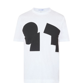 White crew-neck T-shirt with oversized black abstract graphic print on chest, short sleeves, relaxed fit