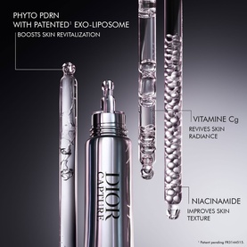 Dior Capture Totale booster serum with ingredient vials highlighting Phyto PDRN, Vitamin Cg, and Niacinamide