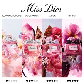 Dior Miss Dior fragrance collection: Blooming Bouquet, Eau de Parfum, Parfum, and Essence bottles with pink floral styling