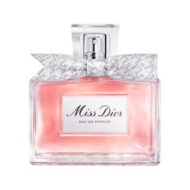 Dior Miss Dior Eau de Parfum in pink glass bottle with silver bow detail and clear cap