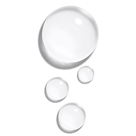 Dior serum texture shown as clear water droplets of varying sizes on a white background