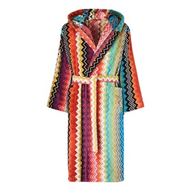 Missoni multi-coloured zigzag stripe hooded terry cloth robe with belt, in vibrant rainbow tones