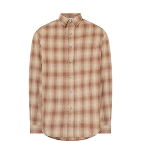 Gramicci sand plaid cotton casual shirt with button-front placket, long sleeves, and curved hem