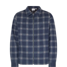 Gramicci Navy Shadow Plaid checked zip-through casual shirt with collar and chest pocket, 100% cotton