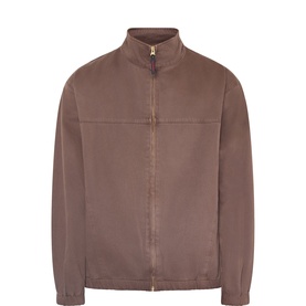 Gramicci Brown Pigment casual jacket with gold zip, funnel neck, and panelled cotton construction