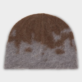 Gramicci Slate Splatter beanie hat in brown and grey tie-dye effect, fluffy mohair-blend knit fabric