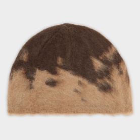 Gramicci Taupe Splatter hat in fluffy mohair blend with brown splatter-dye pattern on beige base, structured dome shape