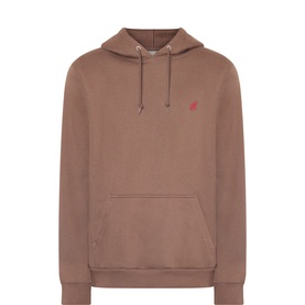 Gramicci brown pullover hoodie with kangaroo pocket, drawstring hood, and small red logo embroidery on chest