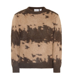 Gramicci taupe splatter knitwear jumper with crew neck and abstract brown bleached pattern, mohair wool blend