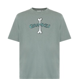 Gramicci Sage Pigment cotton T-shirt with embroidered logo and bone graphic print on chest, crew neck, short sleeves