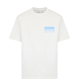 Gramicci Natural Pigment cotton T-shirt with blue logo graphic print on chest, crew neck and short sleeves