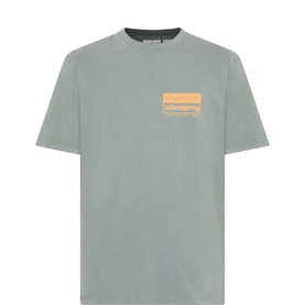 Gramicci Sage Pigment cotton T-shirt with orange graphic logo print on chest, crew neck and short sleeves