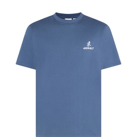 Gramicci Dusky Blue T-shirt with white logo print on chest, crew neck, short sleeves, cotton-polyester blend
