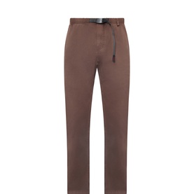 Gramicci Brown Pigment cotton trousers with black webbing belt and buckle, straight leg cut, ghost mannequin shot